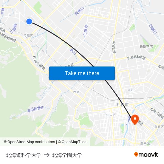 北海道科学大学 to 北海学園大学 map