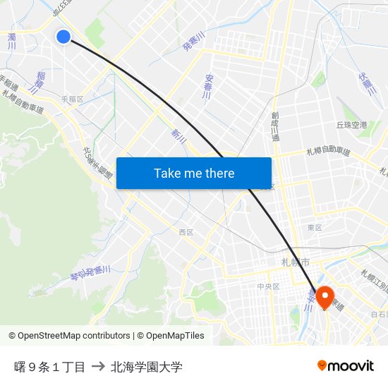 曙９条１丁目 to 北海学園大学 map