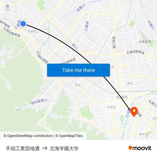 手稲工業団地通 to 北海学園大学 map