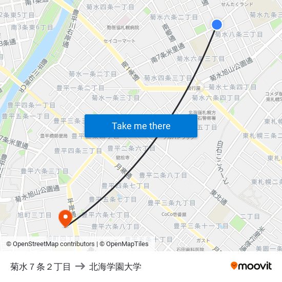 菊水７条２丁目 to 北海学園大学 map