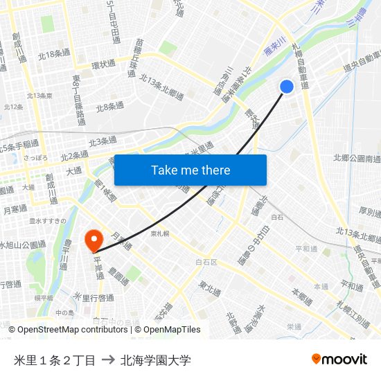 米里１条２丁目 to 北海学園大学 map