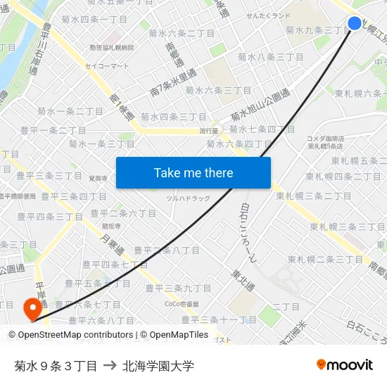 菊水９条３丁目 to 北海学園大学 map