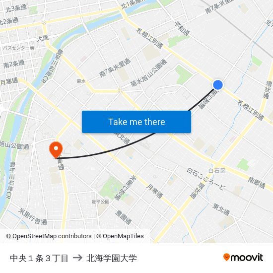 中央１条３丁目 to 北海学園大学 map