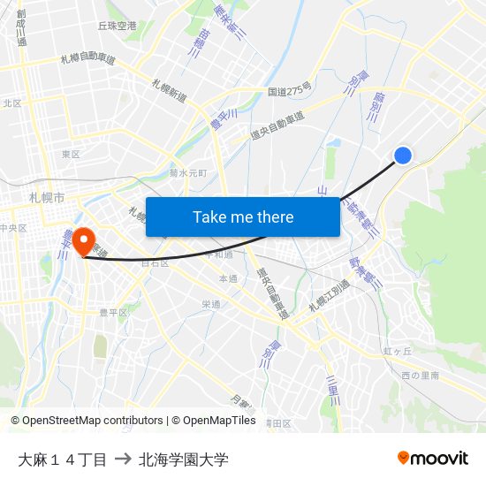 大麻１４丁目 to 北海学園大学 map