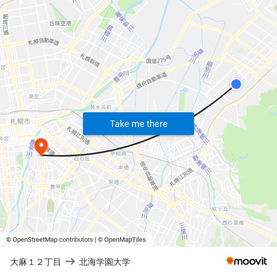 大麻１２丁目 to 北海学園大学 map