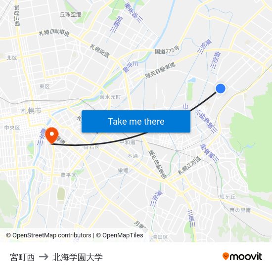 宮町西 to 北海学園大学 map