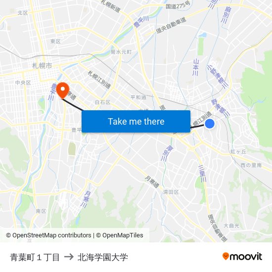 青葉町１丁目 to 北海学園大学 map