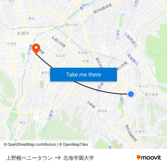 上野幌ベニータウン to 北海学園大学 map