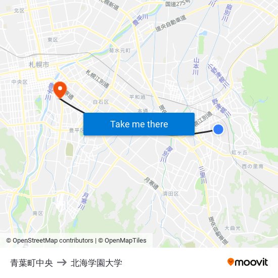 青葉町中央 to 北海学園大学 map