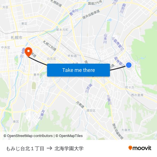 もみじ台北１丁目 to 北海学園大学 map