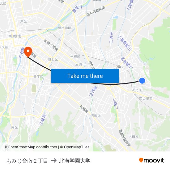 もみじ台南２丁目 to 北海学園大学 map