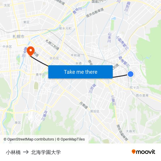 小林橋 to 北海学園大学 map