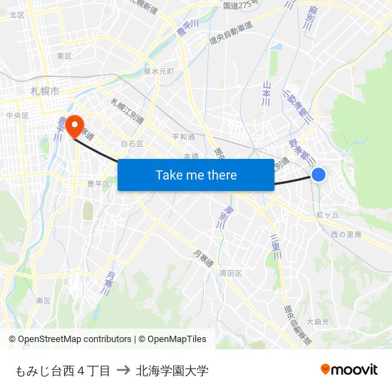 もみじ台西４丁目 to 北海学園大学 map