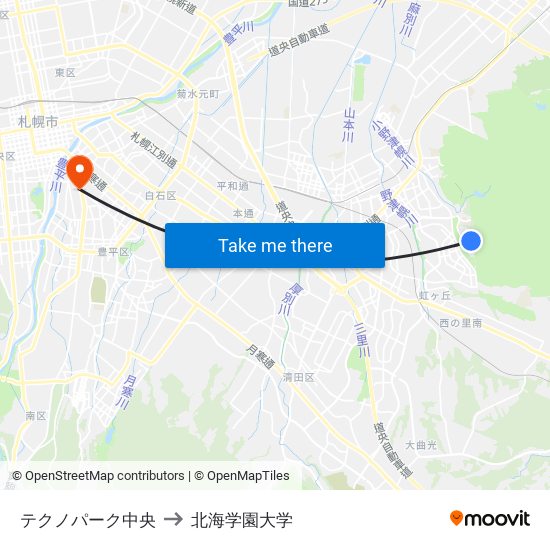 テクノパーク中央 to 北海学園大学 map