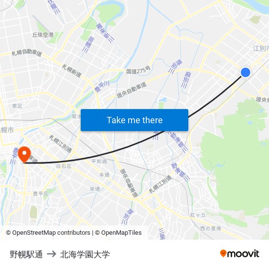 野幌駅通 to 北海学園大学 map