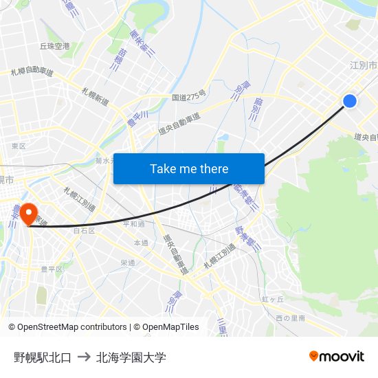 野幌駅北口 to 北海学園大学 map