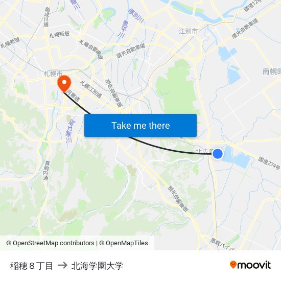 稲穂８丁目 to 北海学園大学 map