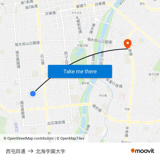 西屯田通 to 北海学園大学 map
