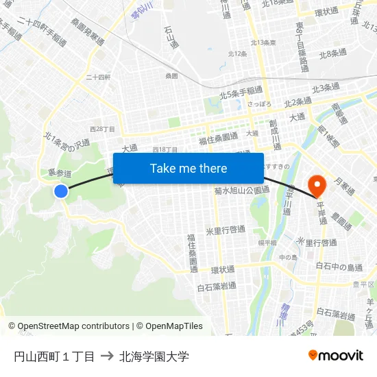 円山西町１丁目 to 北海学園大学 map