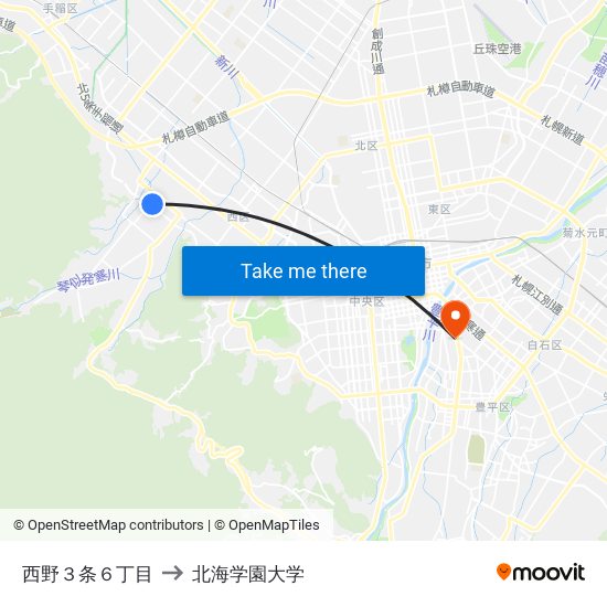西野３条６丁目 to 北海学園大学 map