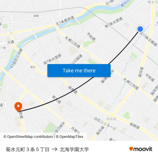 菊水元町３条５丁目 to 北海学園大学 map