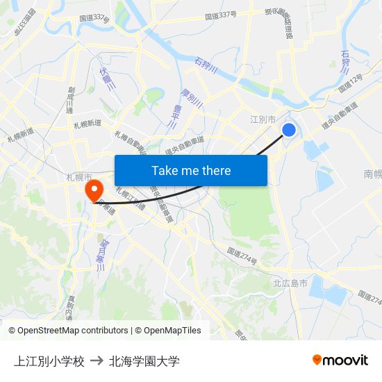 上江別小学校 to 北海学園大学 map