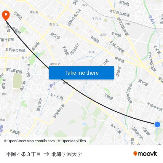 平岡４条３丁目 to 北海学園大学 map