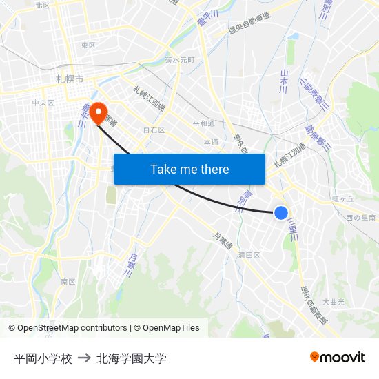平岡小学校 to 北海学園大学 map