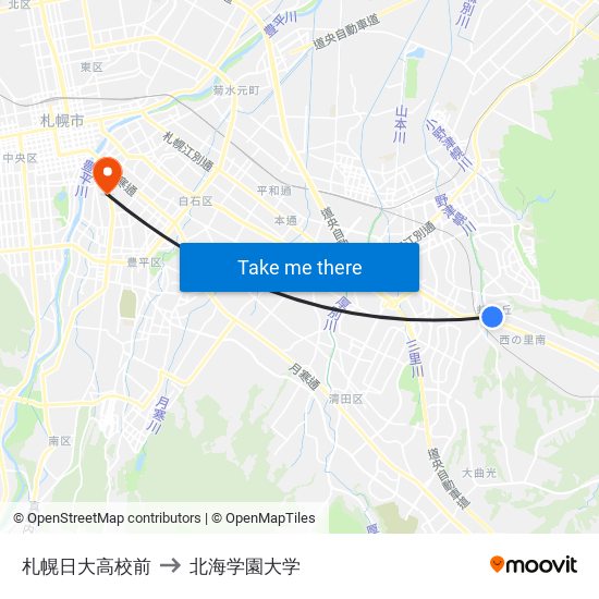 札幌日大高校前 to 北海学園大学 map