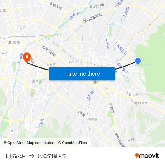 開拓の村 to 北海学園大学 map