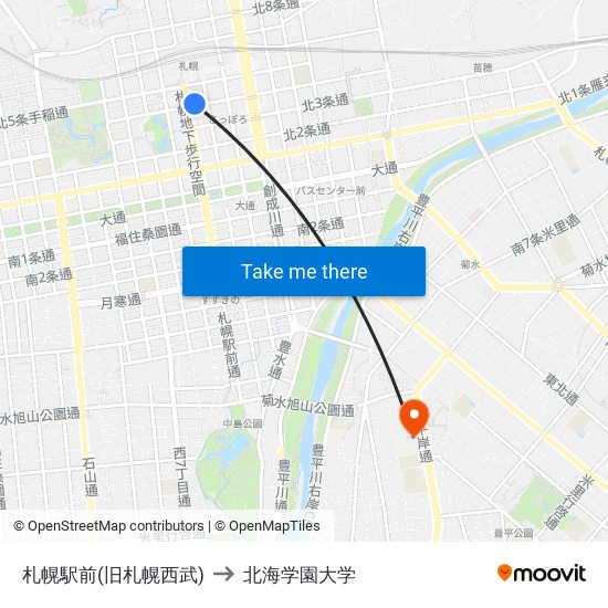 札幌駅前(旧札幌西武) to 北海学園大学 map