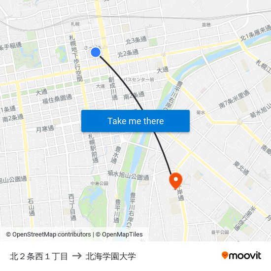 北２条西１丁目 to 北海学園大学 map