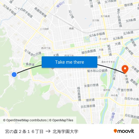 宮の森２条１６丁目 to 北海学園大学 map