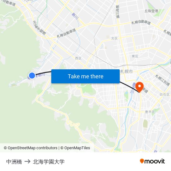 中洲橋 to 北海学園大学 map