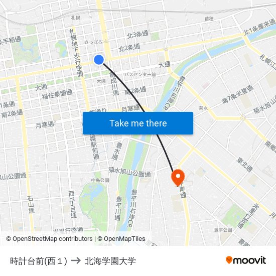 時計台前(西１) to 北海学園大学 map