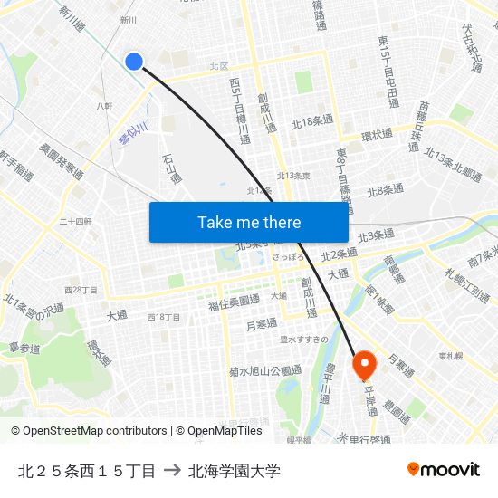 北２５条西１５丁目 to 北海学園大学 map