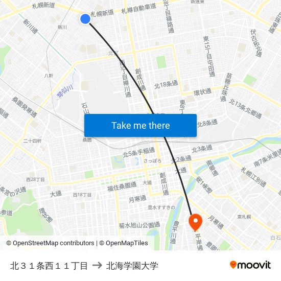 北３１条西１１丁目 to 北海学園大学 map