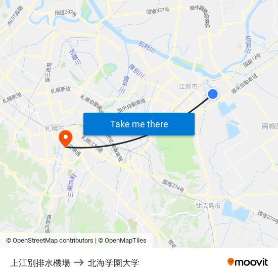上江別排水機場 to 北海学園大学 map