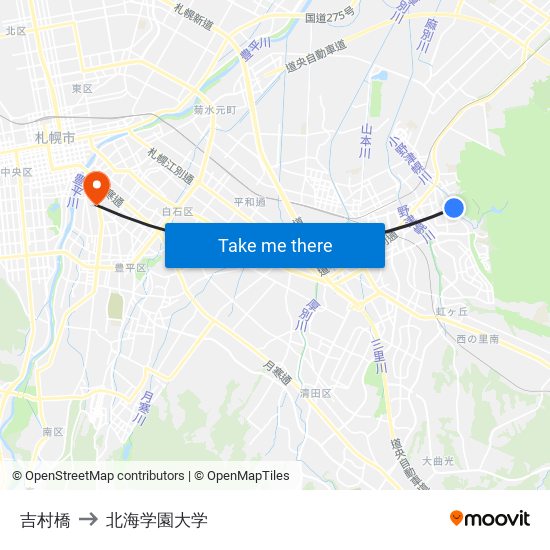 吉村橋 to 北海学園大学 map