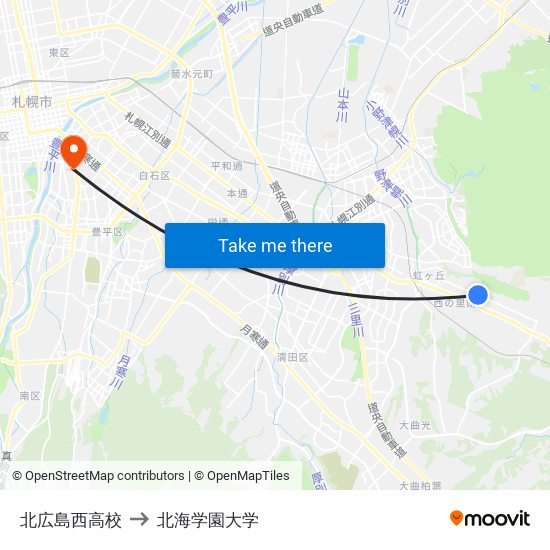 北広島西高校 to 北海学園大学 map