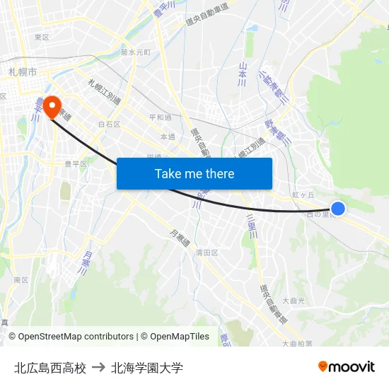 北広島西高校 to 北海学園大学 map
