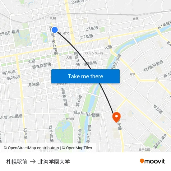 札幌駅前 to 北海学園大学 map