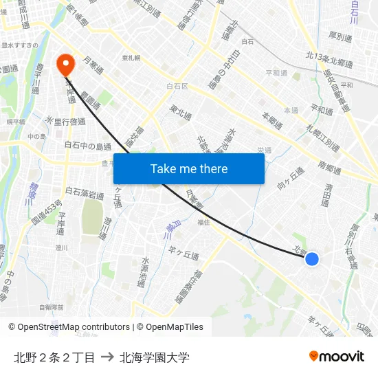 北野２条２丁目 to 北海学園大学 map