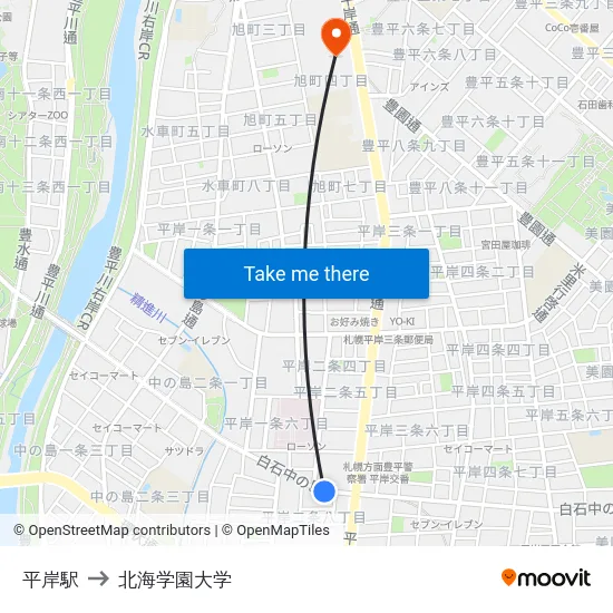 平岸駅 to 北海学園大学 map