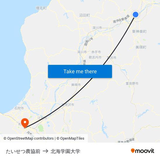 たいせつ農協前 to 北海学園大学 map