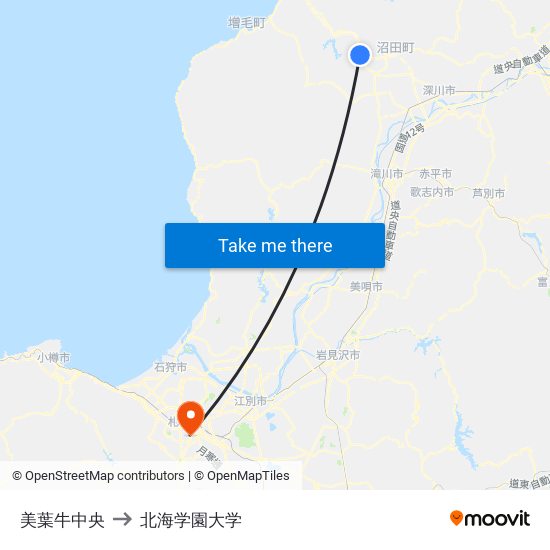 美葉牛中央 to 北海学園大学 map