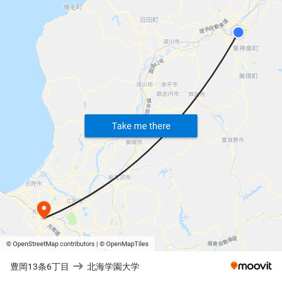 豊岡13条6丁目 to 北海学園大学 map