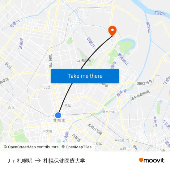 Ｊｒ札幌駅 to 札幌保健医療大学 map