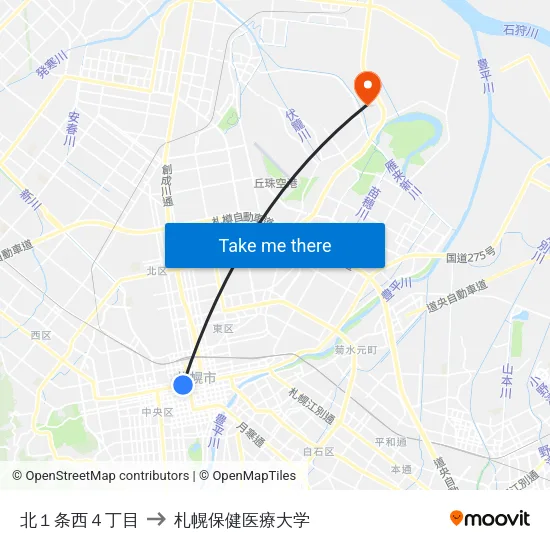 北１条西４丁目 to 札幌保健医療大学 map
