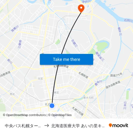 中央バス札幌ターミナル to 北海道医療大学 あいの里キャンパス map